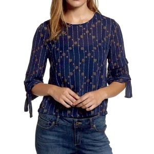 Lucky Brand Blue White Golden Brown 3/4 Tiered sleeves Tie Blouse Casual Tops
